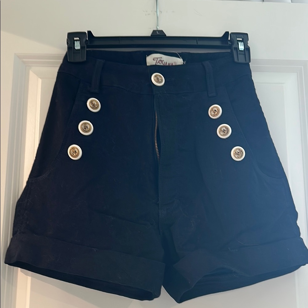 Tatyana Blue High Waist Shorts with Tailored Design and Decorative Buttons